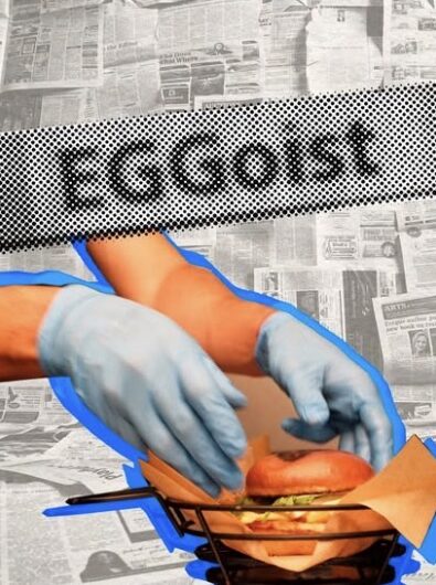 Gloved hands on a newspaper collage for EGGoist